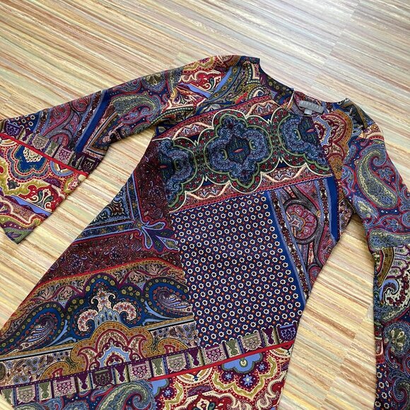 Highline Mini Shift Dress Multicolor Boho Paisley Chiffon Sheer Bell Sleeves - Picture 3 of 7
